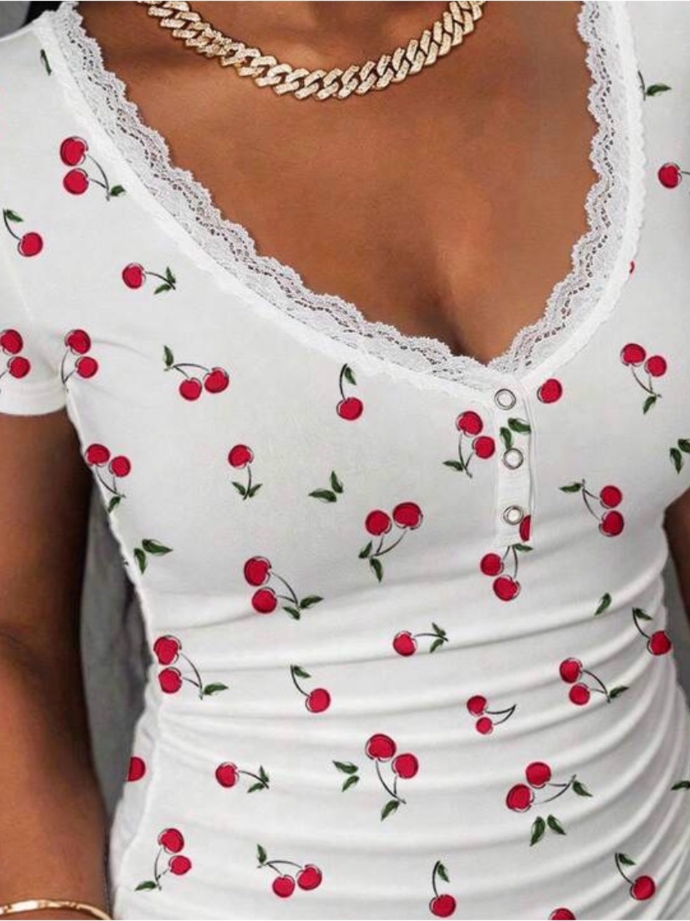 Women's White Lace-Trim Cherry Print Sleep Top